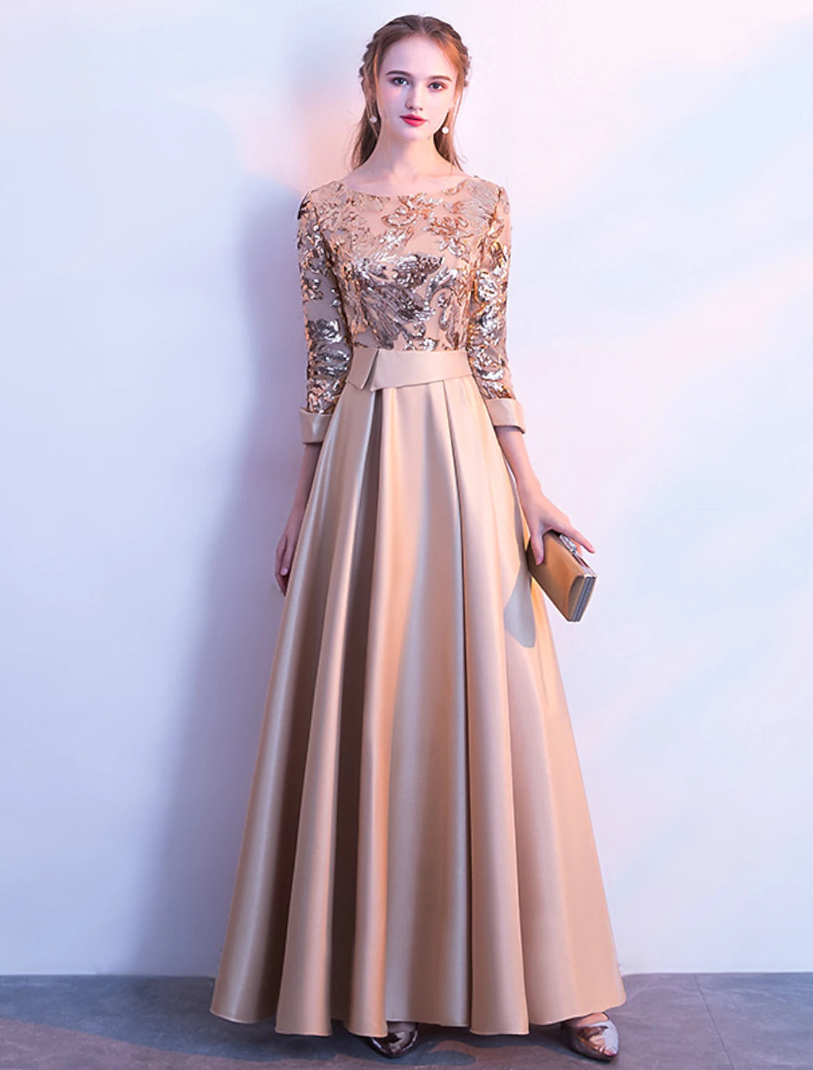 Wholesale A-Line Bridesmaid Dress Jewel Neck Long Sleeve Beautiful Back Floor Length Satin / Tulle / Sequined with Sash / Ribbon / Pleats